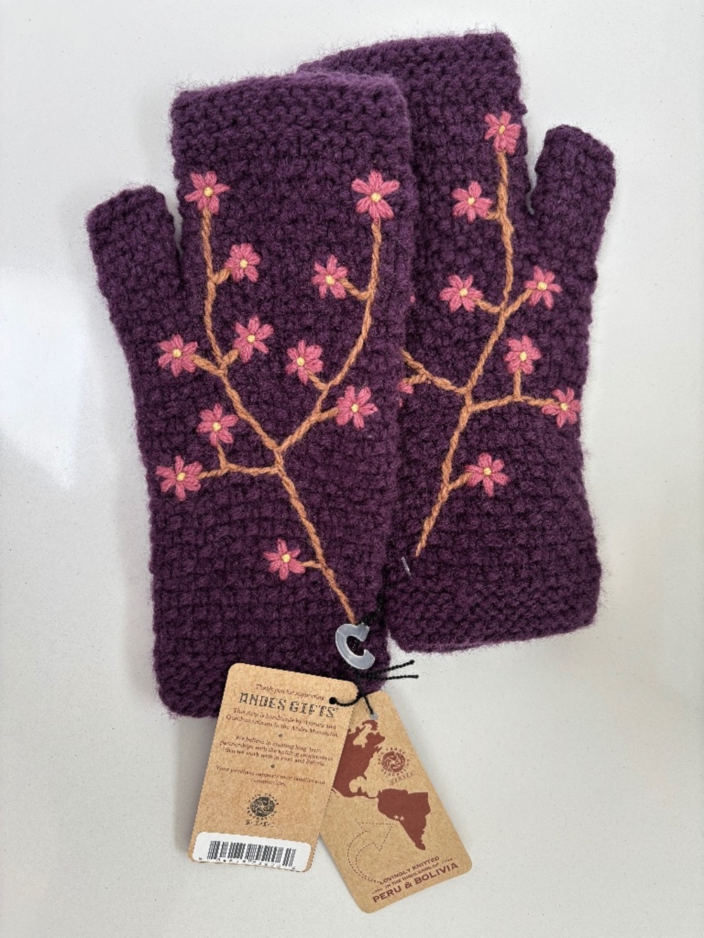 Andes Gifts Hand Knit Fingerless Gloves – Purple Floral Embroidered – Artisan